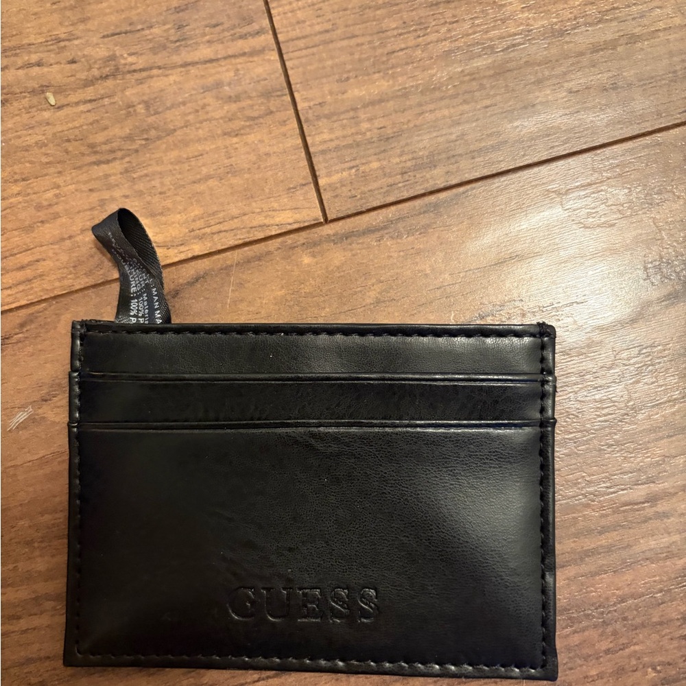 GUESS Men's Black Leather Card Sleeve with Pull Tab